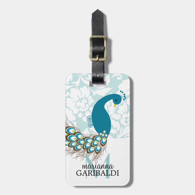 Etiqueta De Bagagem Elegante Moderno Damask Peacock Personalizado (Frente Vertical)
