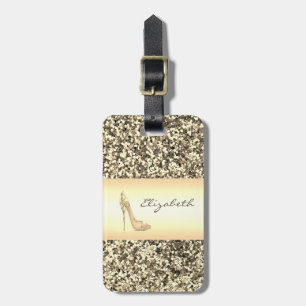 Etiqueta De Bagagem Elegante Moderno Feminino, Brilho Dourado, Salto