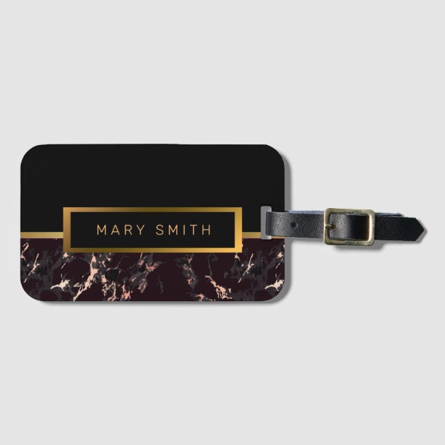 Etiqueta De Bagagem Elegante Moderno Marble Negro Dourado (Frente Horizontal)