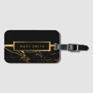 Etiqueta De Bagagem Elegante Moderno Marble Negro Dourado