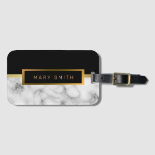 Etiqueta De Bagagem Elegante Moderno Marble Negro Dourado