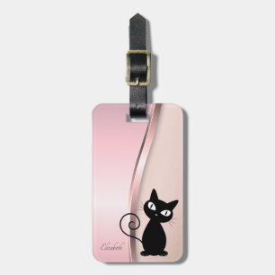 Etiqueta De Bagagem Elegante Moderno Metálico, Rosa, Gato Preto