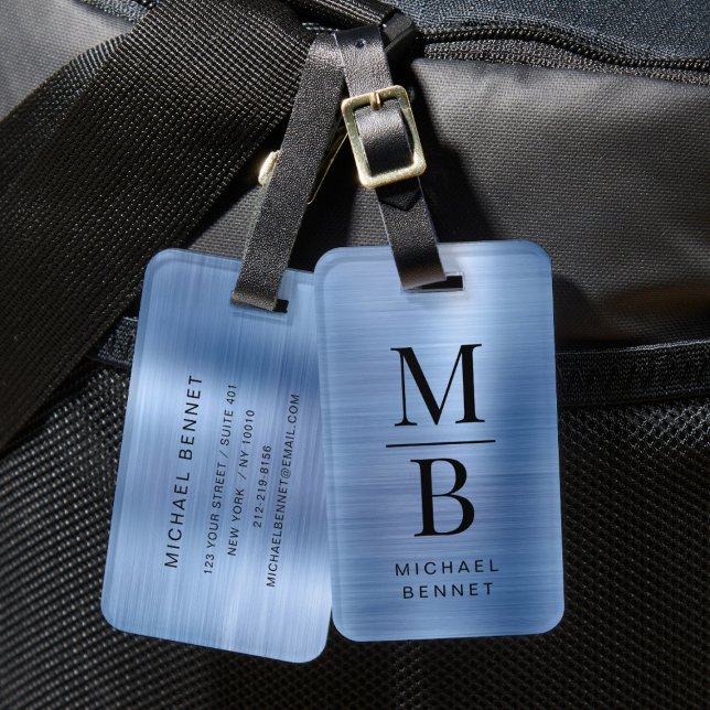 Etiqueta De Bagagem Elegante Monograma Azul Bruto Metálico (Elegant Monogrammed Blue Brushed Metallic Luggage Tag)