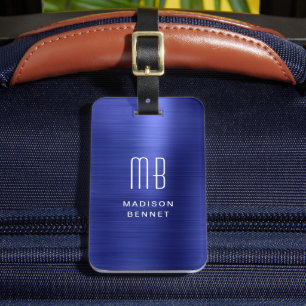 Etiqueta De Bagagem Elegante Monograma Azul Marinho Metálico Escovado