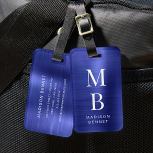 Etiqueta De Bagagem Elegante Monograma Azul Marinho Metálico Escovado