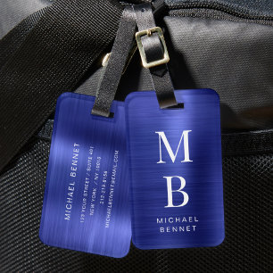 Etiqueta De Bagagem Elegante Monograma Azul Marinho Metálico Escovado