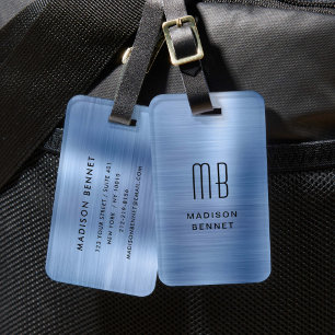 Etiqueta De Bagagem Elegante Monograma Azul Metálico Escovado