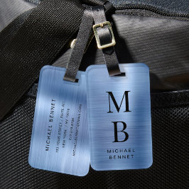 Etiqueta De Bagagem Elegante Monograma Azul Metálico Escovado