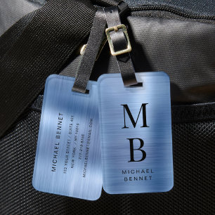 Etiqueta De Bagagem Elegante Monograma Azul Metálico Escovado