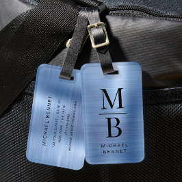 Etiqueta De Bagagem Elegante Monograma Azul Metálico Escovado