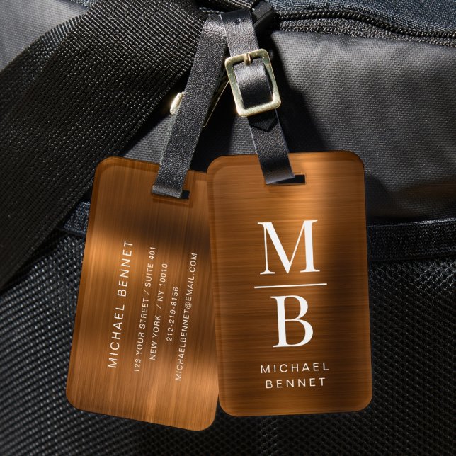 Etiqueta De Bagagem Elegante Monograma De Cobre Brutado Metálico (Elegant Monogrammed Copper Brushed Metallic Luggage Tag)