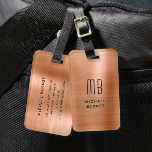 Etiqueta De Bagagem Elegante Monograma de Metal Cobre Marrom Escovado