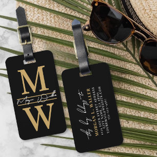 Etiqueta De Bagagem Elegante Monograma de Nome em Script Dourado Preto