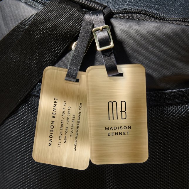 Etiqueta De Bagagem Elegante Monograma Dourado, Metálico (Elegant Monogrammed Gold Brushed Metallic Luggage Tag)