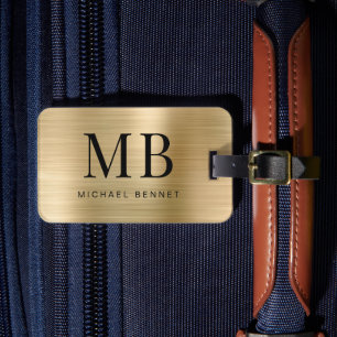 Etiqueta De Bagagem Elegante Monograma Dourado Metálico Escovado