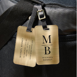 Etiqueta De Bagagem Elegante Monograma Dourado Metálico Escovado