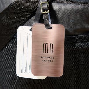 Etiqueta De Bagagem Elegante Monograma em Metal Dourado Rosa Escovado