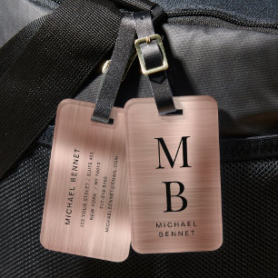 Etiqueta De Bagagem Elegante Monograma em Ouro Rosa