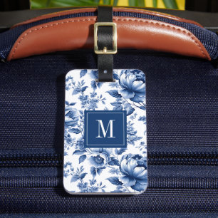 Etiqueta De Bagagem Elegante Monograma Floral Azul Vintage