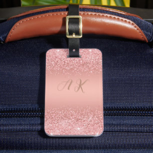 Etiqueta De Bagagem Elegante Monograma Luxo Brilho Dourado Rosa