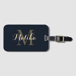 Etiqueta De Bagagem Elegante Monograma Ouro Azul Marinho Personalizado