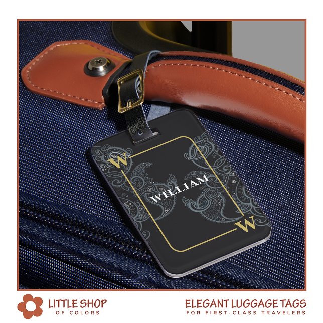 Etiqueta De Bagagem Elegante Monograma Paisley Preto e Dourado (Criador carregado)