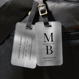Etiqueta De Bagagem Elegante Monograma Prateado Metalizado Brilhante 