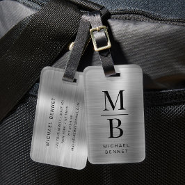 Etiqueta De Bagagem Elegante Monograma Prateado Metalizado Brilhante
