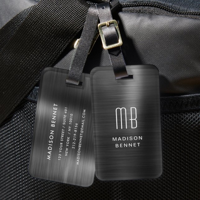 Etiqueta De Bagagem Elegante Monograma Preto Bruto Metálico (Elegant Monogrammed Black Brushed Metallic Luggage Tag)