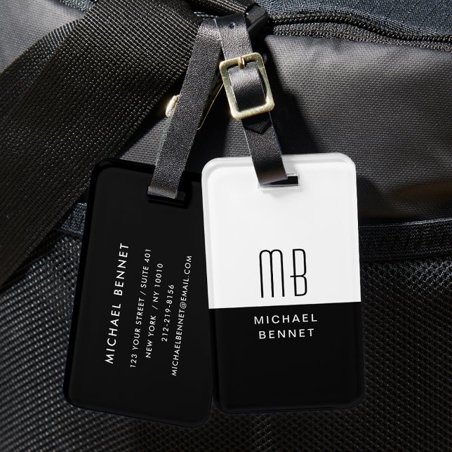 Etiqueta De Bagagem Elegante Monograma Preto E Branco (Elegant Monogrammed Black And White Luggage Tag)