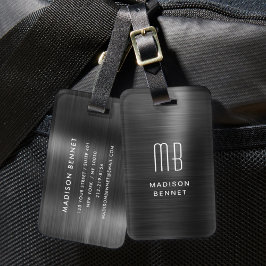 Etiqueta De Bagagem Elegante Monograma Preto Metálico Brilhante