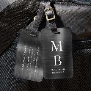 Etiqueta De Bagagem Elegante Monograma Preto Metálico Escovado