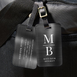 Etiqueta De Bagagem Elegante Monograma Preto Metálico Escovado 