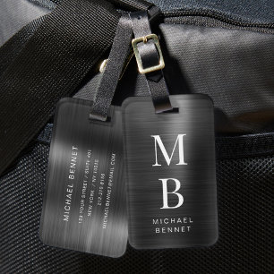 Etiqueta De Bagagem Elegante Monograma Preto Metálico Escovado