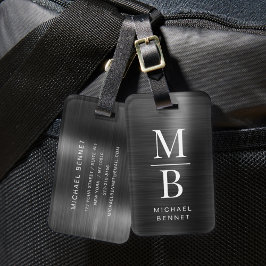 Etiqueta De Bagagem Elegante Monograma Preto Metálico Escovado