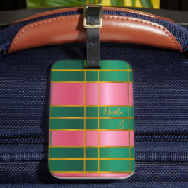 Etiqueta De Bagagem Elegante Monograma Rosa e Verde Ousado, Dourado
