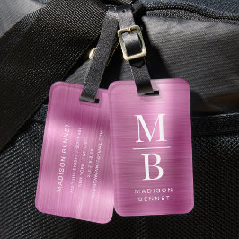 Etiqueta De Bagagem Elegante Monograma Rosa Metálico Brilhante