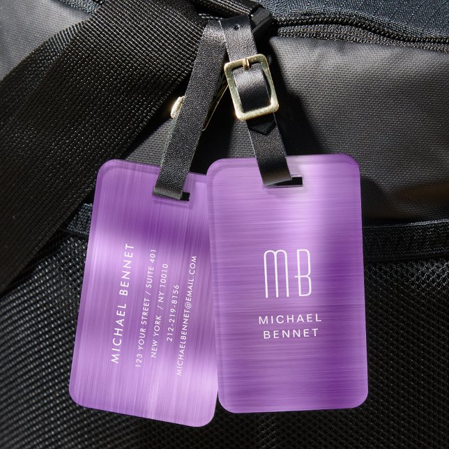 Etiqueta De Bagagem Elegante Monograma Roxo Bruto (Elegant Monogrammed Purple Brushed Metal Luggage Tag)