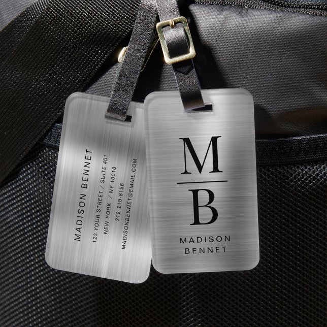 Etiqueta De Bagagem Elegante Monograma Silver Brutado Metálico (Elegant Monogrammed Silver Brushed Metallic Luggage Tag)