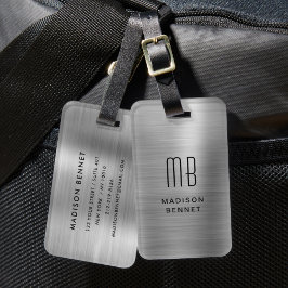 Etiqueta De Bagagem Elegante Monograma Silver Brutado Metálico