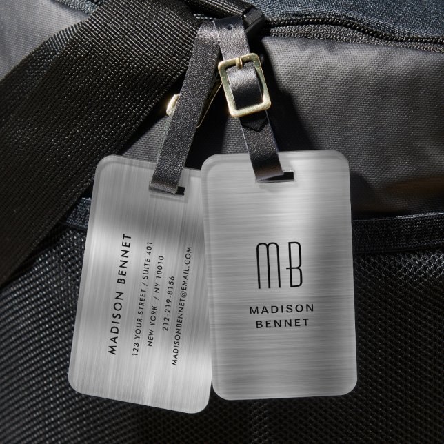 Etiqueta De Bagagem Elegante Monograma Silver Brutado Metálico (Elegant Monogrammed Silver Brushed Metallic Luggage Tag)