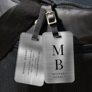 Etiqueta De Bagagem Elegante Monograma Silver Brutado Metálico