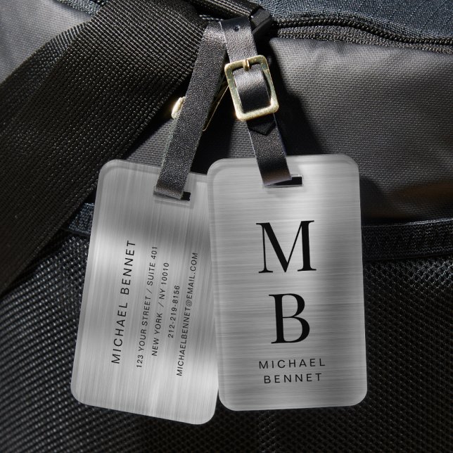 Etiqueta De Bagagem Elegante Monograma Silver Brutado Metálico (Elegant Monogrammed Silver Brushed Metallic Luggage Tag)