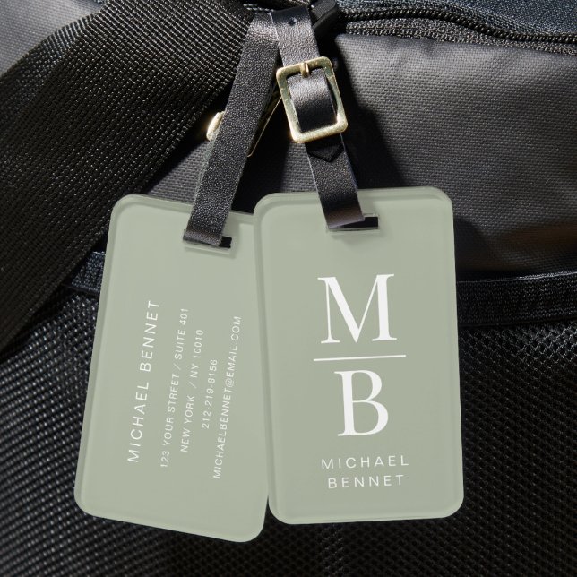 Etiqueta De Bagagem Elegante Monograma Verde (Elegant Monogram Sage Green Luggage Tag)