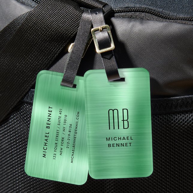 Etiqueta De Bagagem Elegante Monograma Verde Brutado Metal (Elegant Monogrammed Green Brushed Metal Luggage Tag)