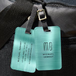 Etiqueta De Bagagem Elegante Monograma Verde Teal Brugado<br><div class="desc">Etiqueta De Bagagem Metálica De Teal Verde Monograma E Elegante Personalizado,  Esfregada Em Lente Verde.</div>