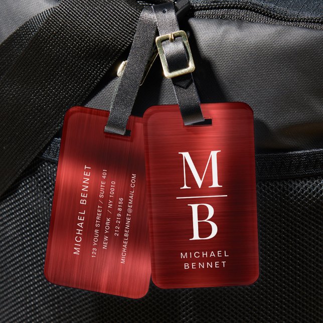 Etiqueta De Bagagem Elegante Monograma Vermelho Bruto Metálico (Elegant Monogrammed Red Brushed Metallic Luggage Tag)