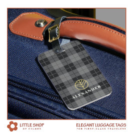 Etiqueta De Bagagem Elegante Monograma Xadrez Preto Dourado
