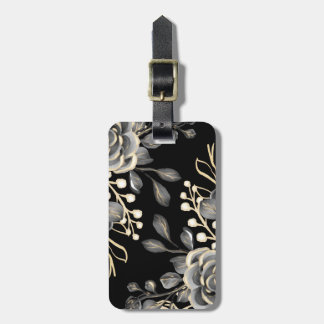 Etiqueta De Bagagem Elegante Moody Cinza Floral Dourada Watercolor
