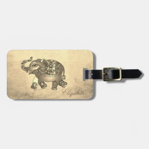 Etiqueta De Bagagem Elegante Ouro, Elefante Paisley